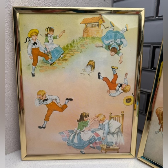 Vintage Nursery Rhyme Framed Decor Jack and Jill Humpty Dumpty Baby Retro Brass - Picture 3 of 14